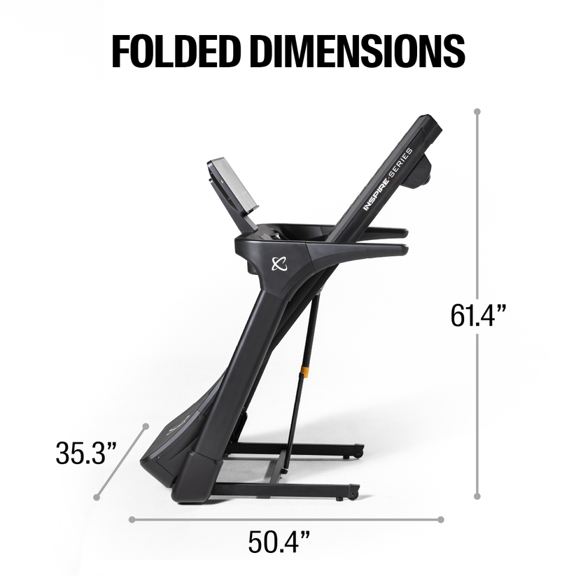 Inspire Series T5 Treadmill with 15 inch LED Display Inspire Treadmills under 350lbs Centr-T5-FoldedDimensions-1200x1200