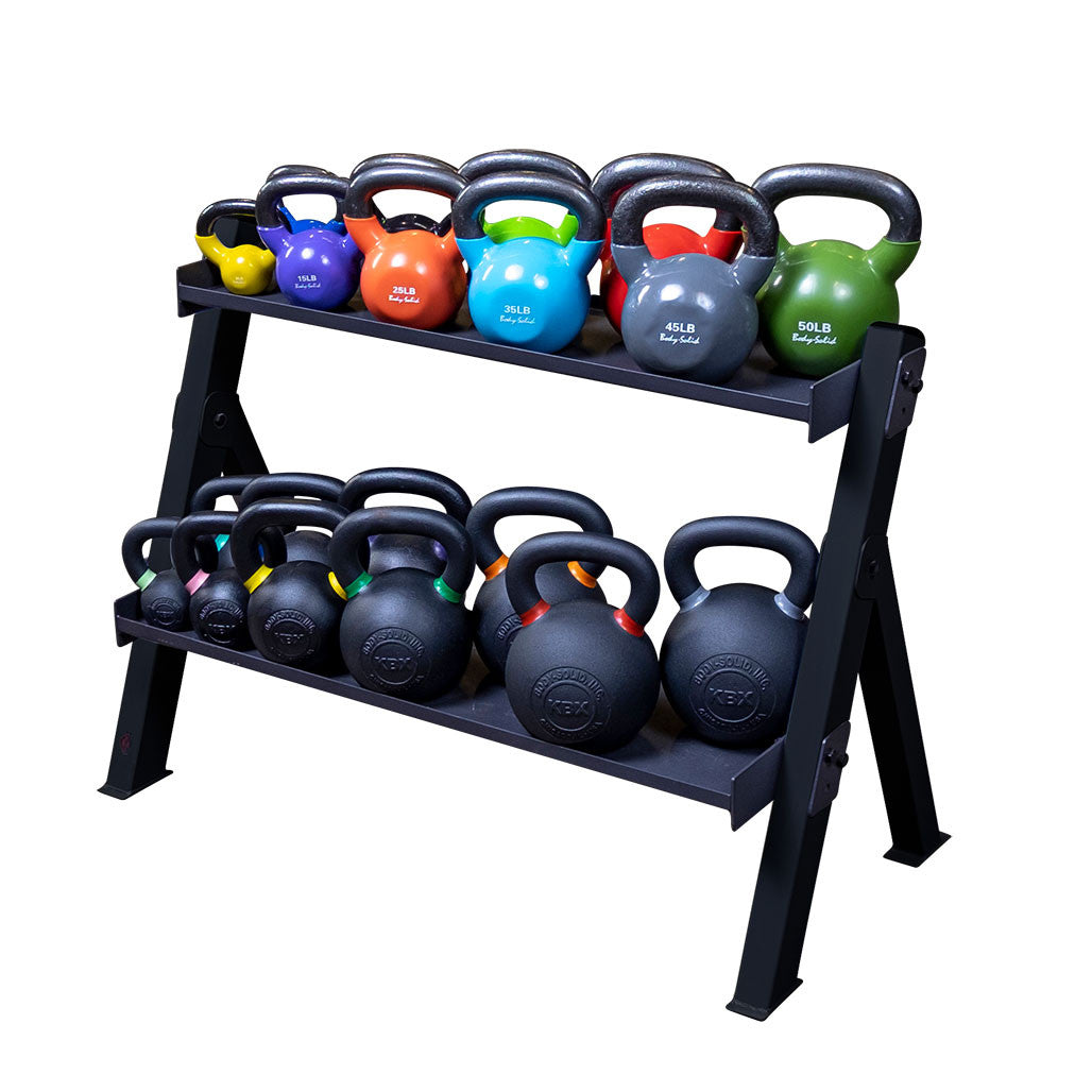 Body Solid GDKR100B Adjustable Dumbbell and Kettlebell Rack - Discontinued Body Solid Dumbell racks, power block stand, plate and bar storage, kettlebell racks, ball racks GDKR100_C_DSF0395_cut-fakedblack__33667.1735667624