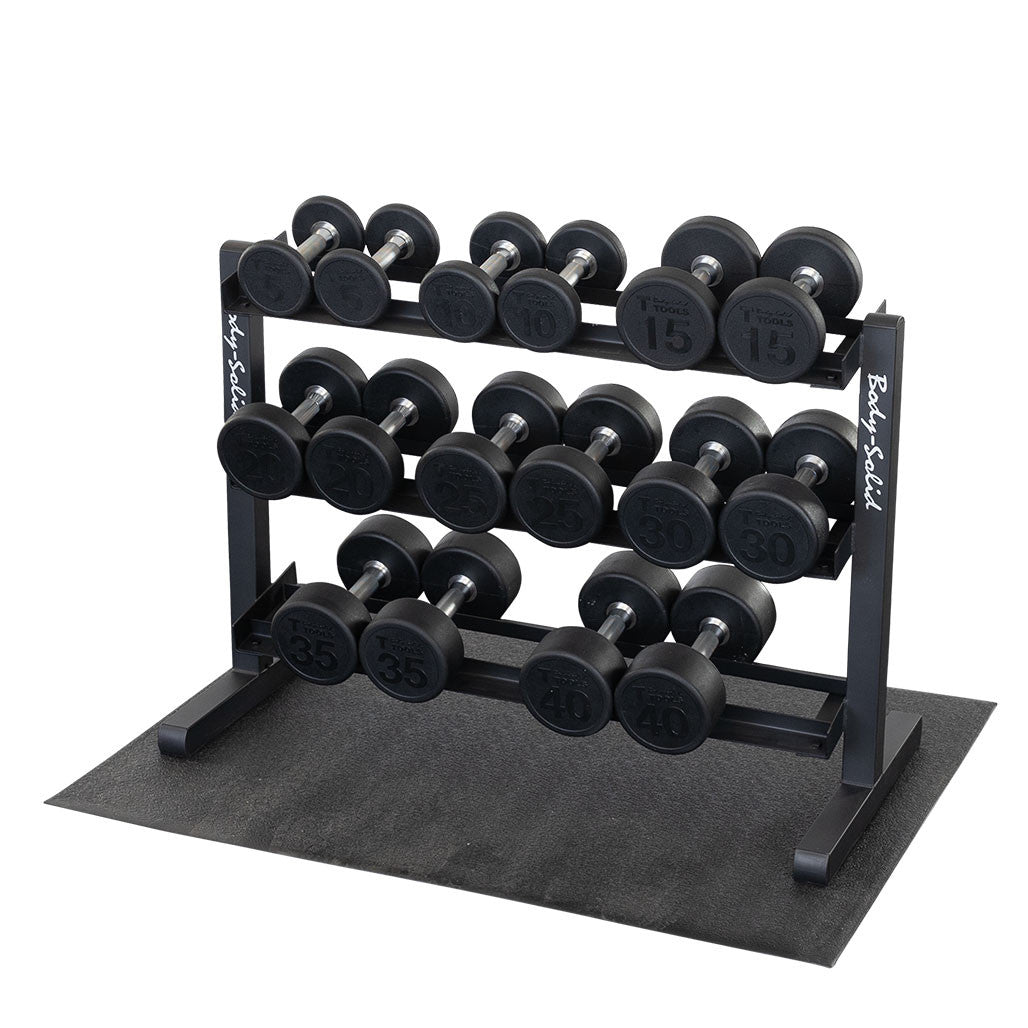 Body-Solid GDR363B 3-Tier Dumbbell Rack — loaded studio view