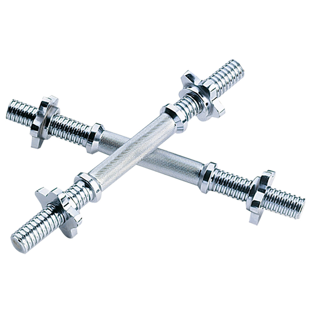 Threaded Dumbbell Handle Threaded Solid Steel Dumbbell Handles feature solid, heavily chromed steel with deep threads for safety and durability. A simple spin locks plates tight. Solid steel. 14" long  Collars included 5 lbs each Sold Individually