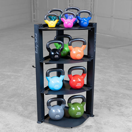 Body-Solid GAR75 Corner Storage Rack — loaded angle view