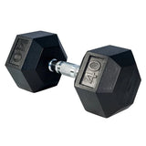 Gronk Fitness rubber hex dumbbell — close-up of hex head and chrome handle