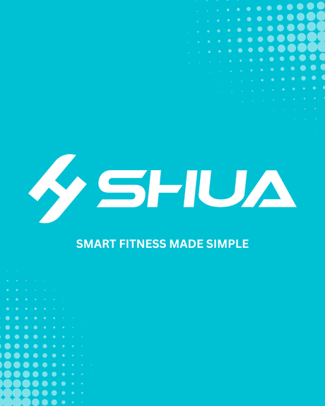 SHUA fitness equipment logo on a turquoise background with the tagline “Smart Fitness Made Simple.”