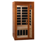 Front view through the glass door showing the bench and back-wall heaters
