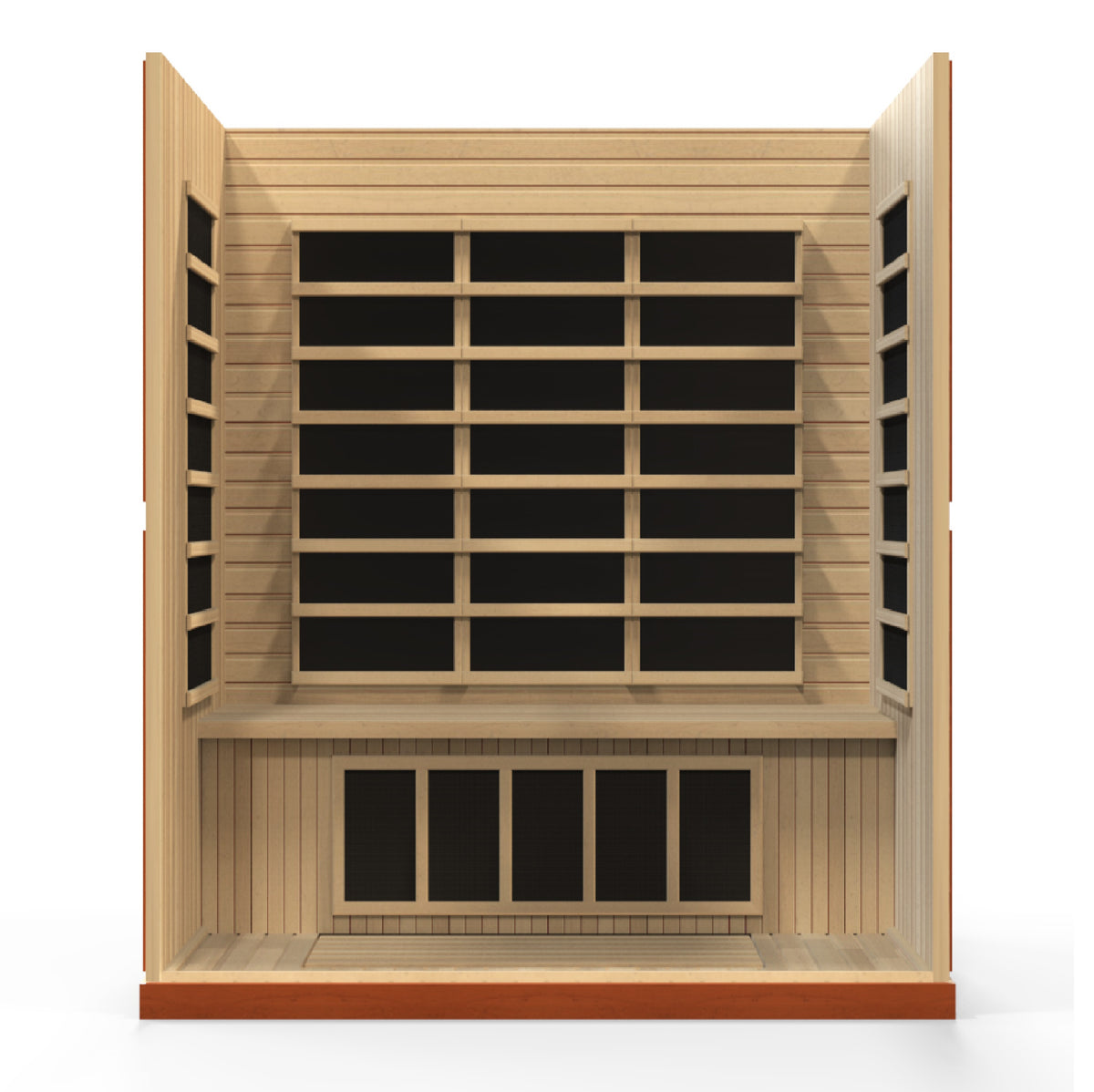 Open interior with back-wall heaters above a full-width bench