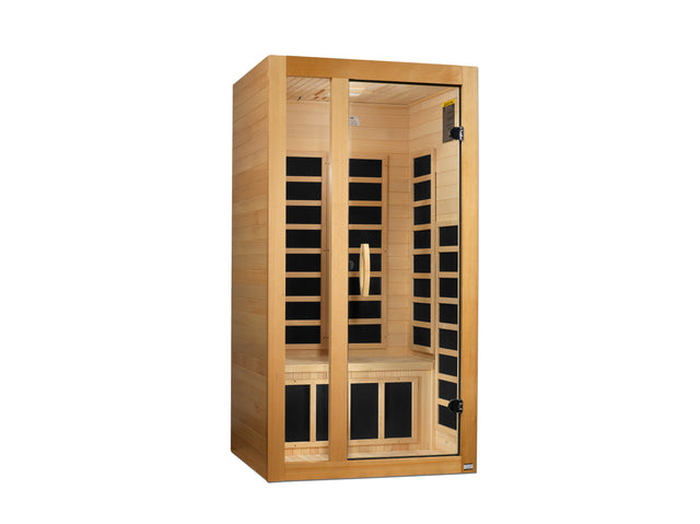 Light hemlock 1-2 person far infrared sauna with tempered glass door, angled left