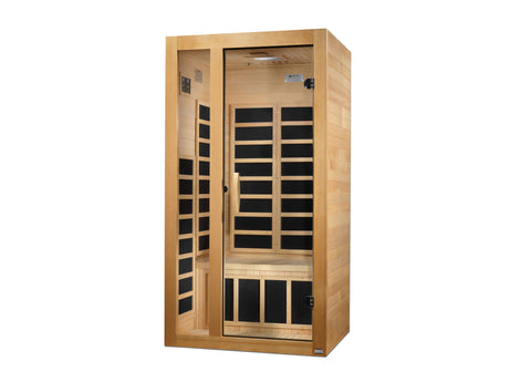 Hemlock cabinet angled right showing the side panel and glass door