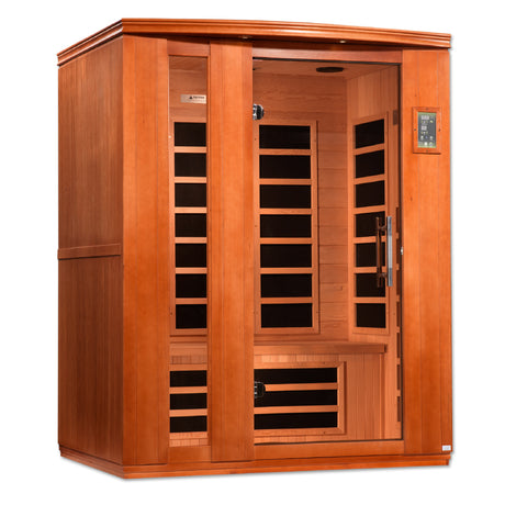 Three person hemlock far infrared sauna with glass door, angled left