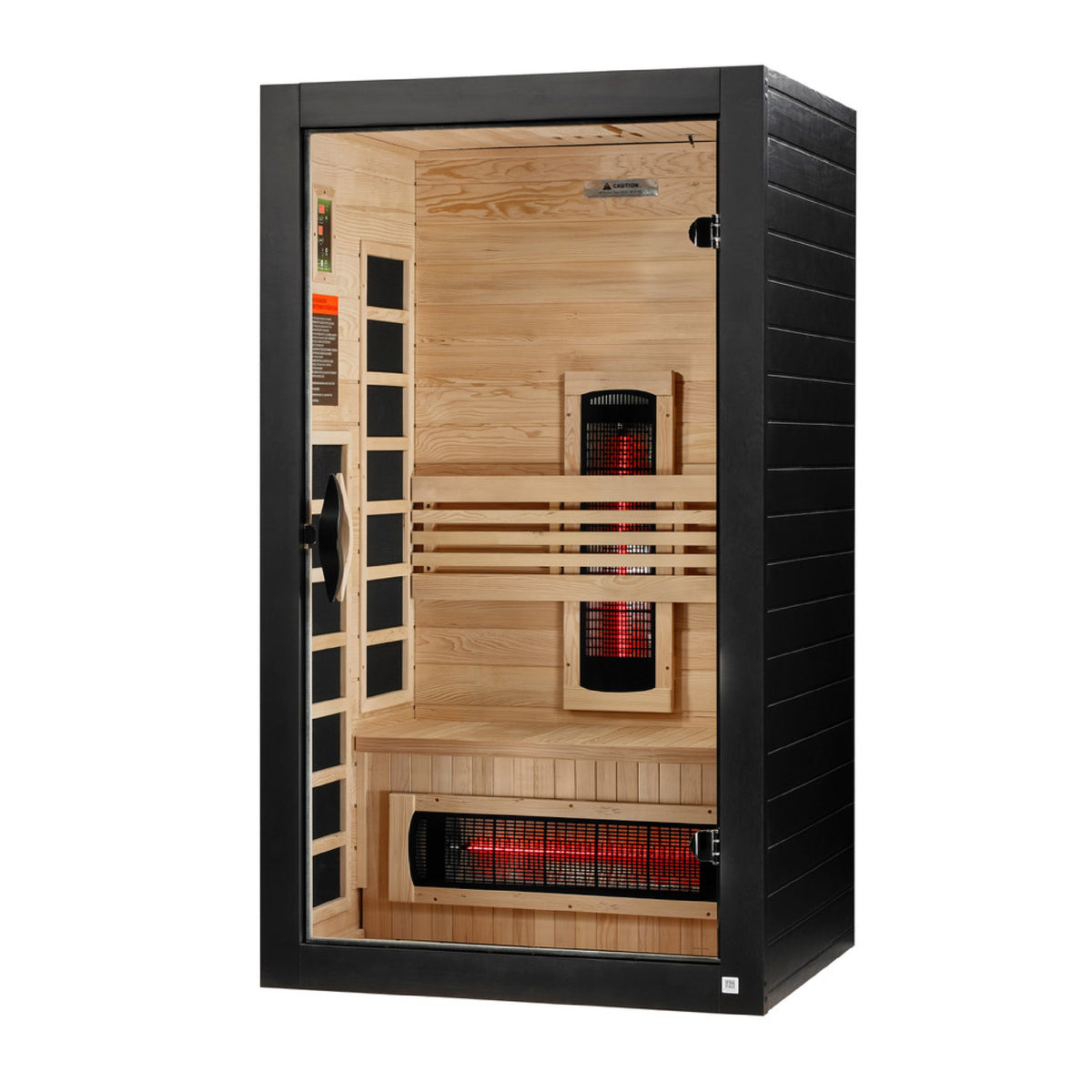 Angled view of the black frame and tempered glass door with the bench and back-wall heaters visible