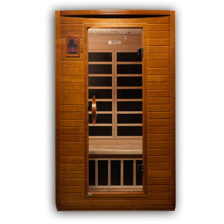 Front view showing the glass door, bench and back-wall heaters