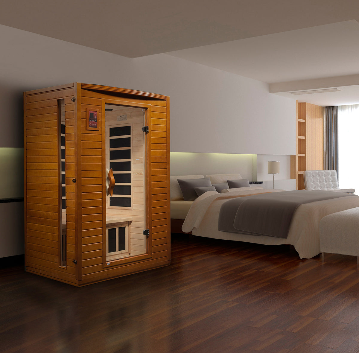 Sauna placed in a bedroom suite next to the bed