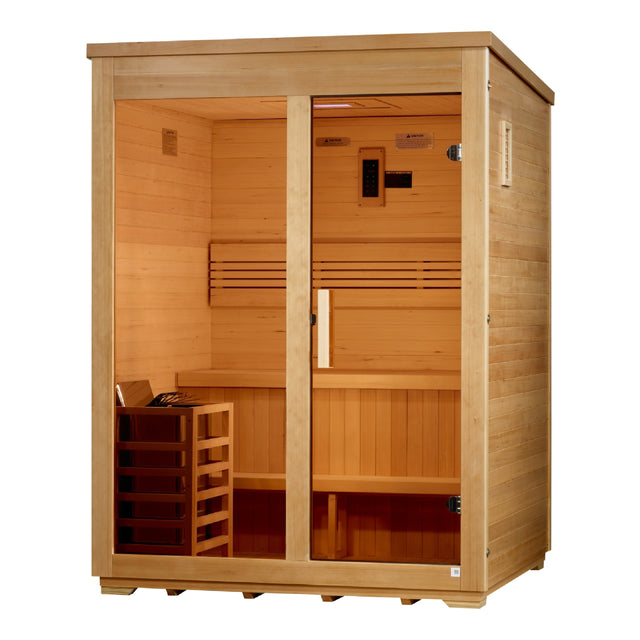 Three person traditional outdoor sauna in hemlock with glass front and flat roof, angled left
