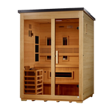 Three person hybrid outdoor sauna in hemlock with glass front and flat roof, angled left