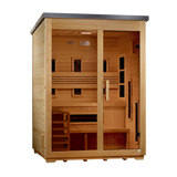 Angled view of the hybrid cabin showing the bench, infrared heaters and stove guard