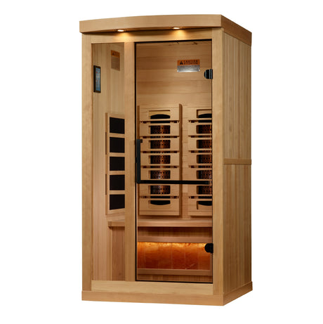 One to two person full spectrum sauna in hemlock with a glass door and lit Himalayan salt bar
