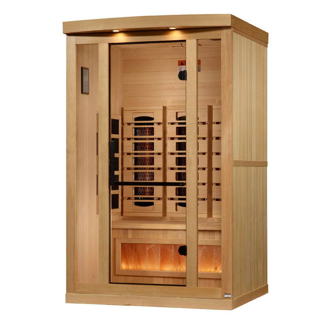 Two person full spectrum sauna in hemlock with glass door and lit Himalayan salt bar