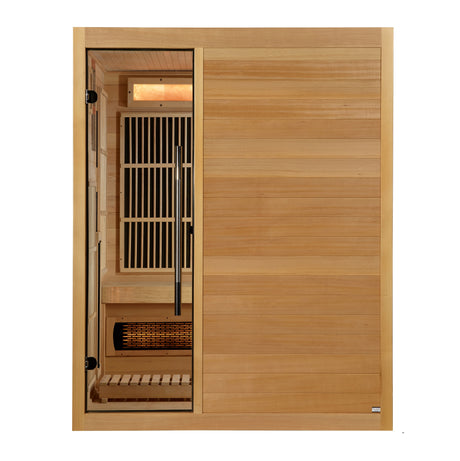 Front view of the cabin with glass door and solid wood walls
