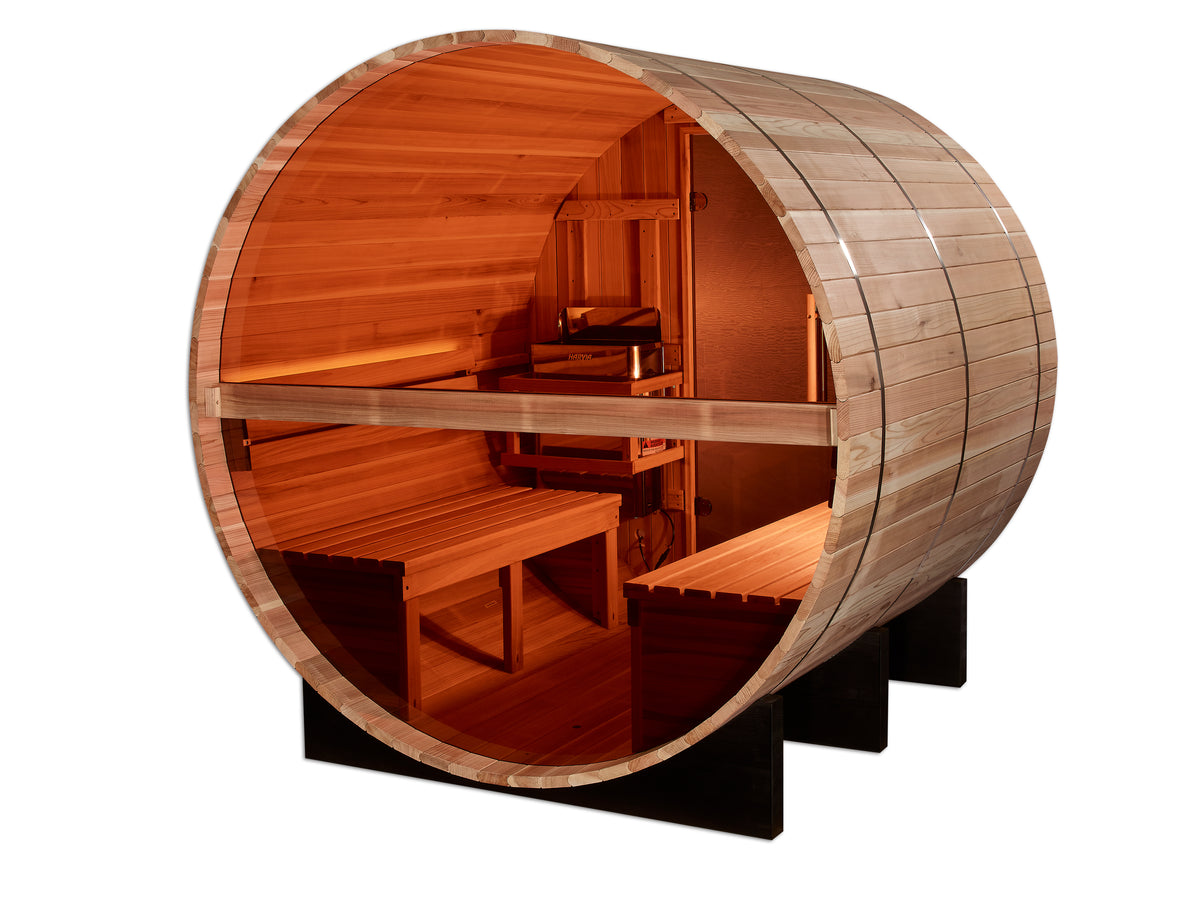 Cutaway view of the two facing benches and wall stove