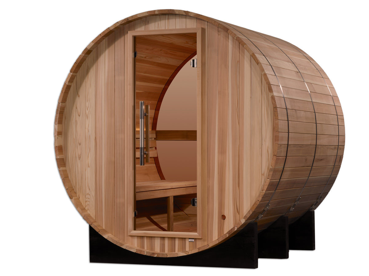 Barrel sauna angled right showing the curved staves and steel bands