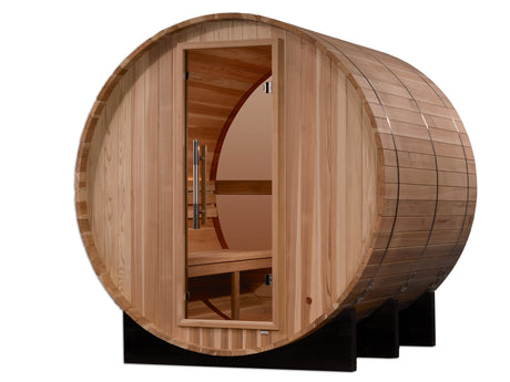 Barrel sauna angled right showing the curved staves and steel bands