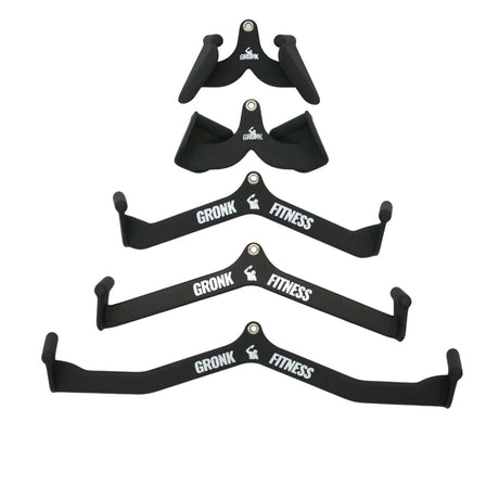 Gronk Fitness 5-piece multi-functional cable attachment set: two neoprene grip handles and three wide, mid and short bars, all black with white Gronk Fitness logos