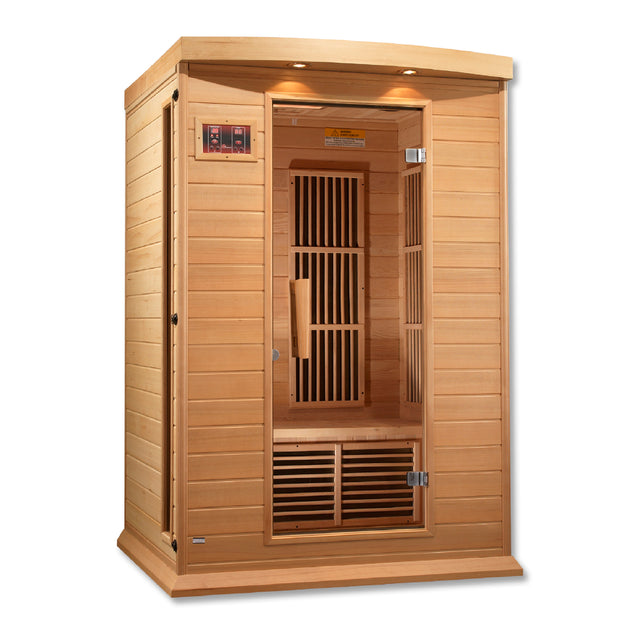 Two person Maxxus far infrared sauna in hemlock with glass door, angled left