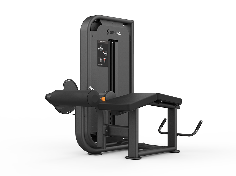 Shua G6812 Prone Leg Curl selectorized machine, studio render 1 of 2