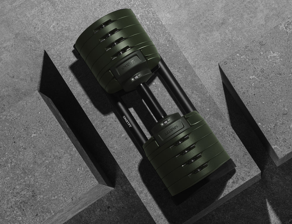 Nuobell Adjustable Dumbbell 100lb Tactical Green SMRTFT Dumbbells smrtft-adjustable-dumbbell-100lb-top