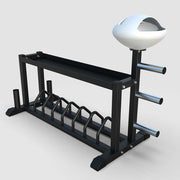 XM Fitness storage rack with multiple holders and shelves