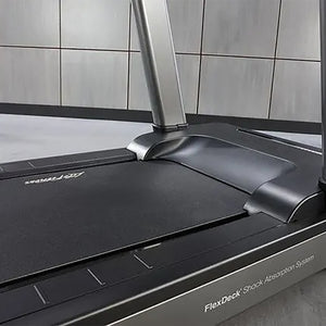 Treadmill with large running surface. T5 treadmill with track connect console. The Life Fitness T5 Treadmill has adjustable running terrains that adjust deck firmness settings to mimic running on grass, track or pavement and personalized workout programs. The T5 Treadmill by Life Fitness has a spacious 60” x 22” running surface and energy saving tech that reduces energy use up to 90%.